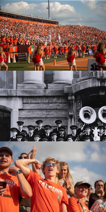 A photo collage featuring photos of students in the student section at a BGSU football game and a vintage photo of the BGSU Falcon Marching Band.