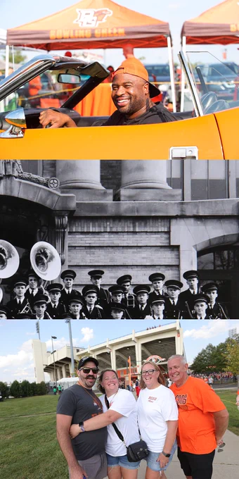 A photo collage featuring photos of BGSU alumni at previous BGSU homecoming events and a vintage photo of the BGSU Falcon Marching Band.