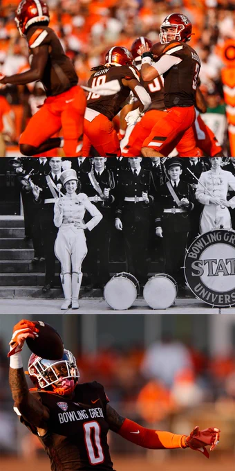 A photo collage featuring photos of BGSU football players in game action and a vintage photo of the BGSU Falcon Marching Band.