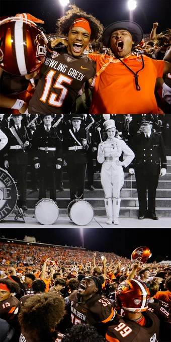 A photo collage featuring photos of BGSU football players celebrating on the Doyt field following a win and a vintage photo of the BGSU Falcon Marching Band.