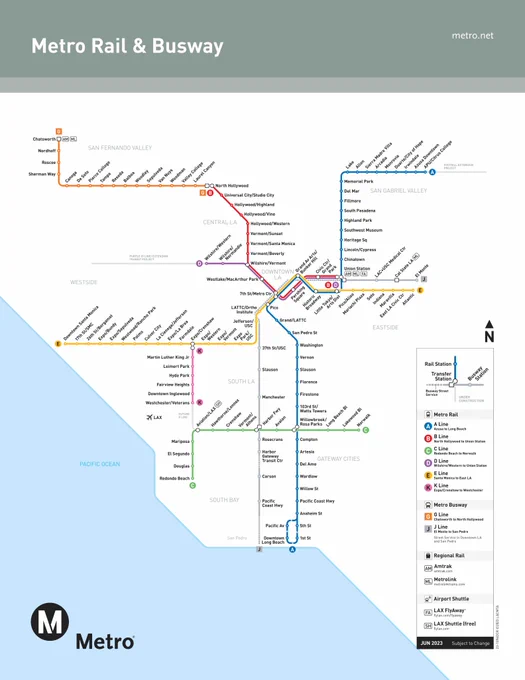 The new map of the Metro Rail and Busway system. The map shows the new A and E Lines and the three new downtown L.A. stations. The A Line will run between Azusa and Long Beach and the E Line will run between Azusa and Long Beach. The new stations are: Little Tokyo/Arts District, Historic Broadway and Grand Ave Arts/Bunker Hill. 