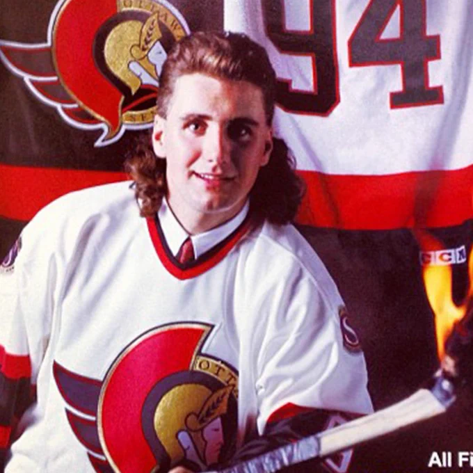 Radek Bonk posing for a photo in an Ottawa Senators white jersey on his draft day in 1994. He's sporting a long mullet.