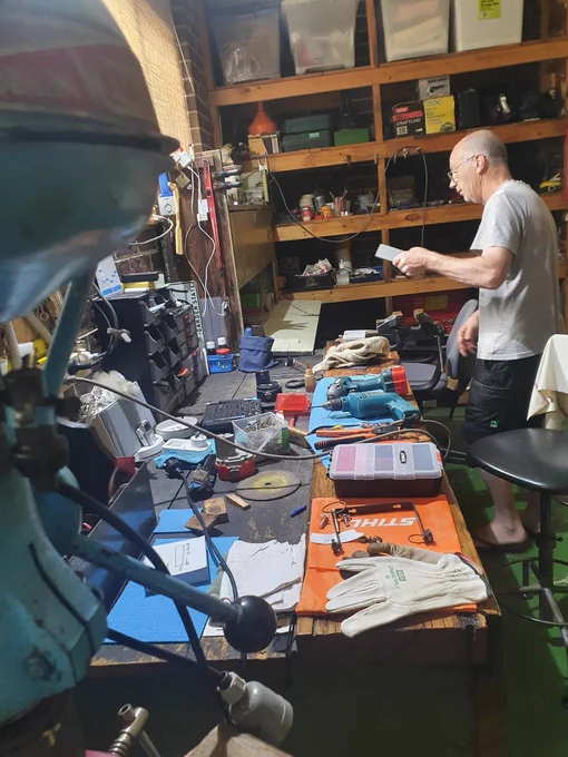 MIA's workshop is filled to the brim of salvaged parts for reuse and repair.  Most of the tools have been rescued from landfill or e-waste bins.