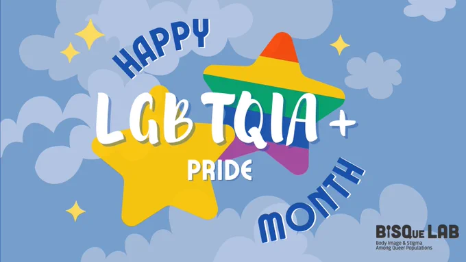 Blue background with light blue clouds, one large yellow star and one large star with rainbow stripes lay behind text that reads: Happy LGBTQIA  Pride Month. Around the text are small yellow stars. Logo in the bottom right corner reads: BISQue Lab--Body Image & Stigma Among Queer Populations 