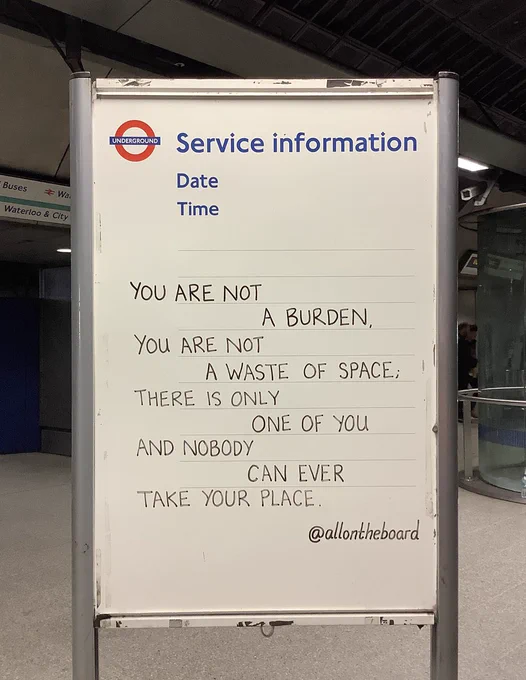 You are not a burden, You are not a waste of space; There is only one of you and nobody can ever take your place.