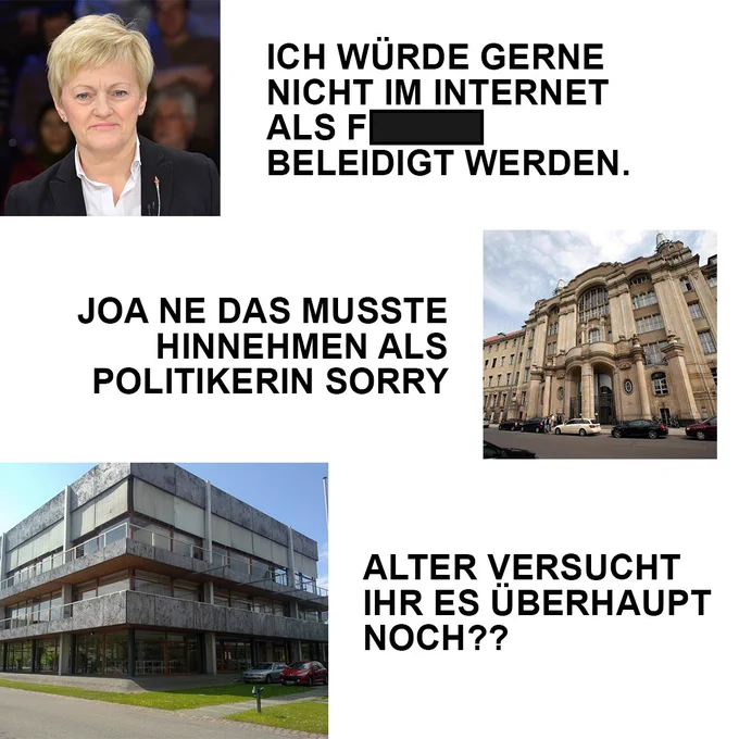 Renate Künast: Ich würde gerne nicht im Internet als F**** bleidigt werden. 
LG Berlin: Joa ne das musste hinnehmen als Politikerin sorry 
BVerfG: Versucht ihr es überhaupt noch??