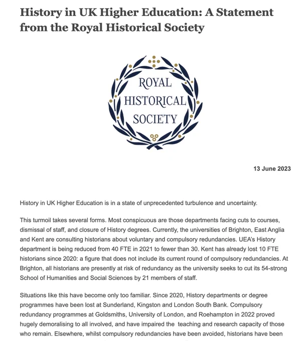Screenshot of the Royal Historical Society statement, released on 13 June, with the full text available via the RHS website.