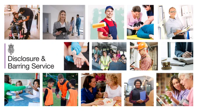 Collage of photos that show the job roles that could be eligible for DBS checks, such as carers, coaches, teachers, bus drivers, solicitors and first aiders.