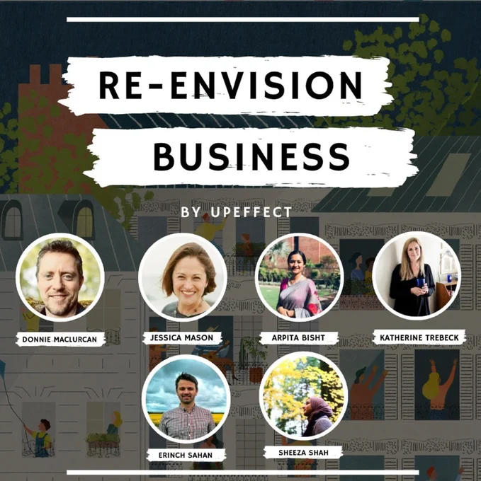 A graphic with 6 portraits of people in round frames with their name alongside white brush strokes and black text reading at the top "Re-Envision Business by UpEffect"