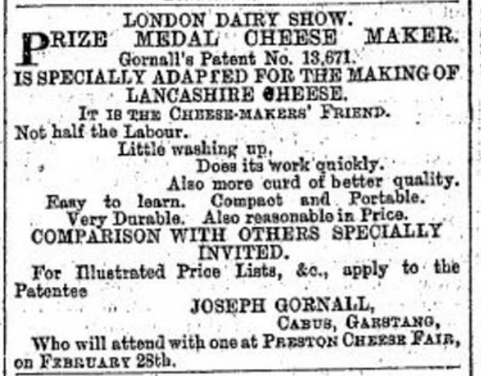 Newspaper clipping of the advert for the prize medal cheesemaker, specially adapted for Lancashire cheeses Image 4: Colour photo of the cheesemaker on display