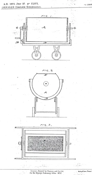 Three drawings from patent with specifications of the cheesemaker