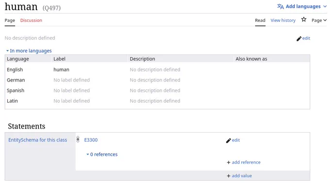 screenshot of the Item for the class "human" with a statement linking to the EntitySchema for that class