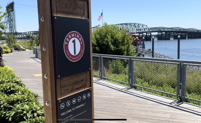 Terminal 1 sign with I5 bridge in the background on the Vancouver, WA waterfront. 