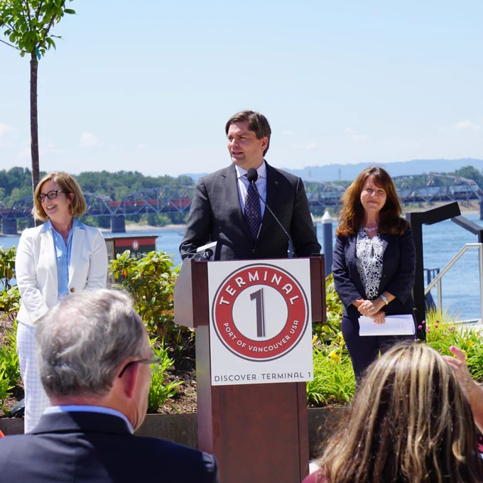 WA State Treasurer Mike Pellicciotti speaking at the Vancouver, WA waterfront TIF celebration event. 