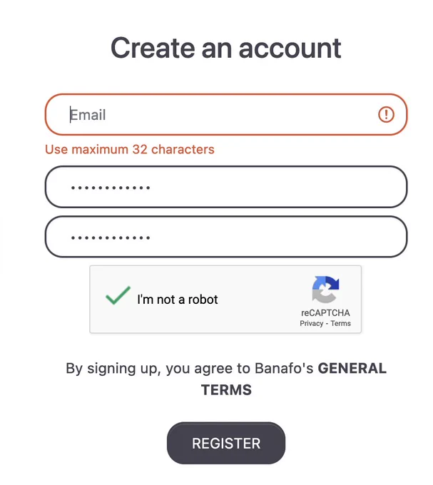 An email field with an error: "use maximum 32 characters"