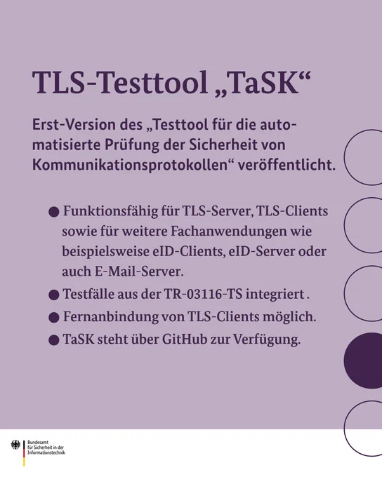 Eine Infotafel mit Stichpunkten zu den wichtigesten Funktionen und Möglichkeiten des TLS-Testtool TaSK.