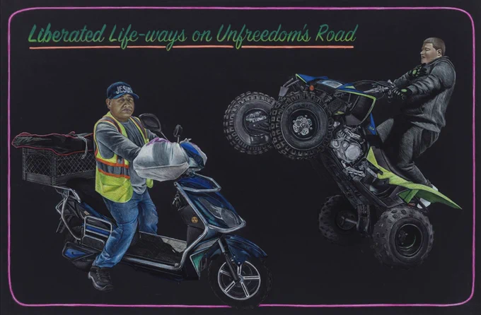 ID: Two dark skinned men ride bikes. One is a delivery driver with bags on his handle bars to warm his hands, a high visibility vest, and a hat that says "jesus." The other is popping a wheelie on an ATV wearing all black. Image: Shellyne Rodriguez: "On the Subject of Defiant Mobility," 2022, colored pencil on paper. 45 1/2 x 69 ins. Credit: COURTESY SHELLYNE RODRIGUEZ AND P·P·O·W, NEW YORK