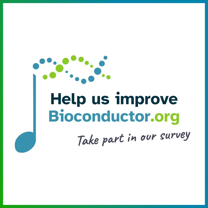Graphic with Bioconductor logo and text "Help us improve bioconductor.org. Take part in our survey"