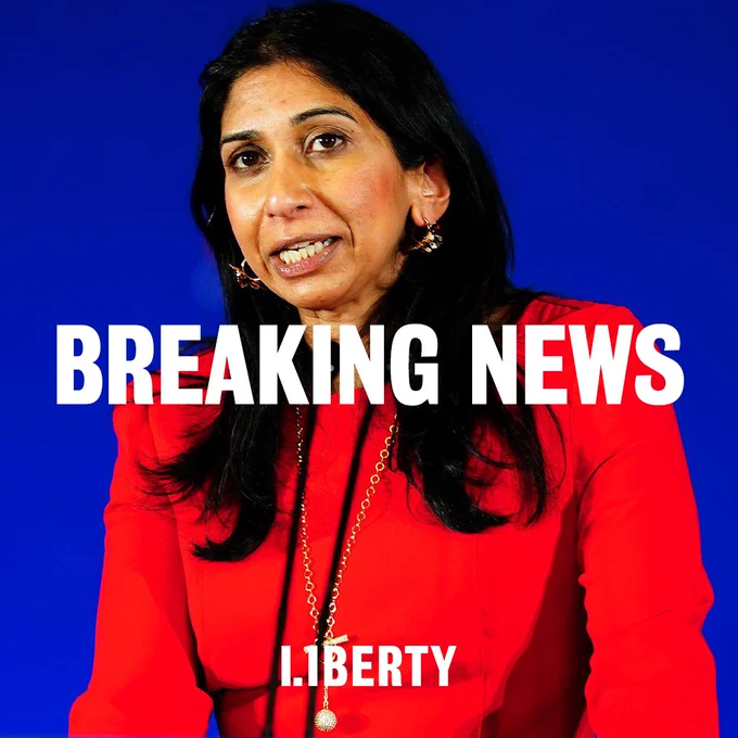 A photograph of Suella Braverman with "BREAKING NEWS" written on top of the image