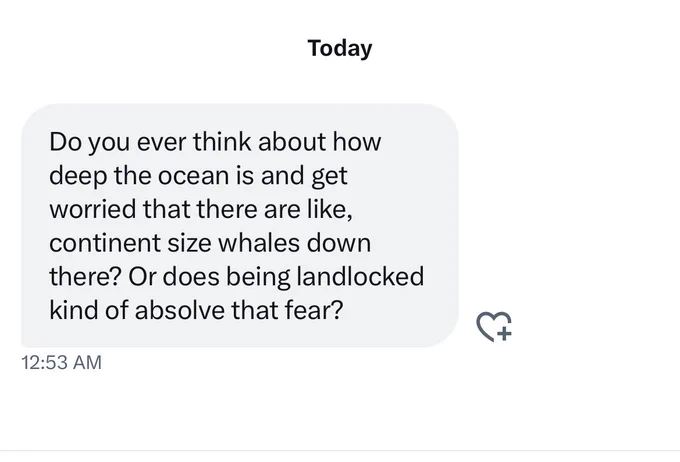 A screenshot of a dm we received  a WHOLE NOTIFICATION OF WITH THE DING AND EVERYTHING says “Do you ever think about how deep the ocean is and get worried that there are like, continent size whales down there? Or does being landlocked kind of absolve that fear?”