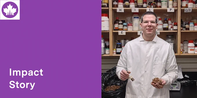 IMAGE: Rectangle divided into two squares. Left: Purple background with white title: "Impact Story", along with a small square maple leaf NSERC logo. Right side shows a scientist in a lab, wearing a lab coat and holding a vial in their right hand and some biological matter in their left one.
