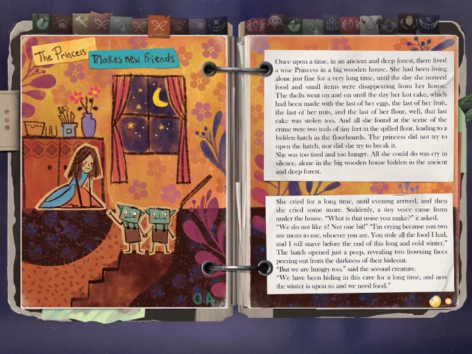 A screenshot from Tell Me Why's Book of Goblins, on the page The Princess Makes New Friends. The page shows a childhood drawing of a princess kneeling down to greet two goblins in her basement.