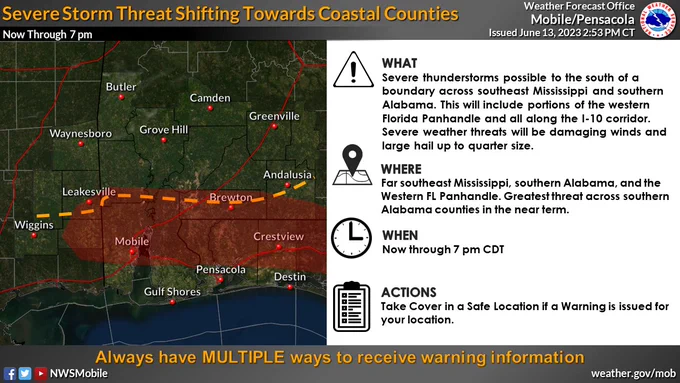 Map of southeast Mississippi, southwest and south central Alabama, and the western Florida Panhandle showing the potential for severe storms through 7pm this evening. The threat includes areas generally along the I-10 corridor. Main threats include damaging winds and large hail up to quarter size.