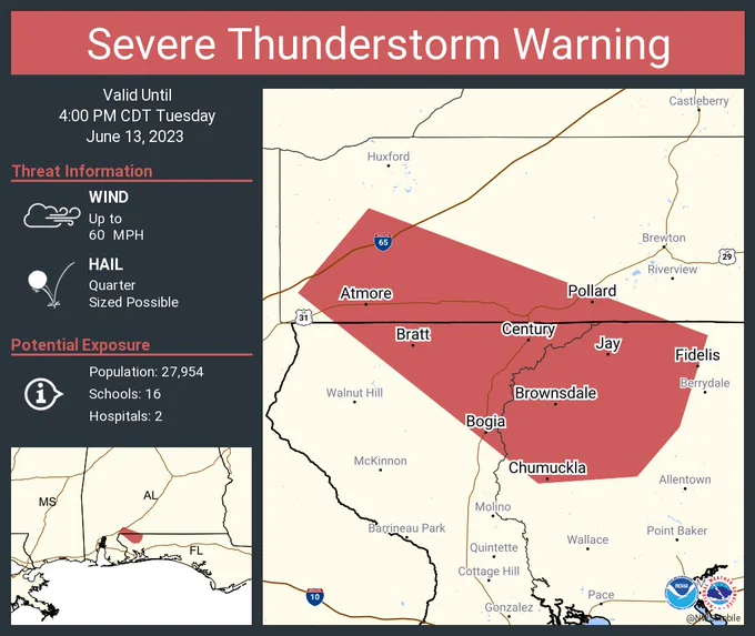 This graphic displays a severe thunderstorm warning plotted on a map. The warning is in effect until 4:00 PM CDT. The warning includes Atmore AL, Century FL and Flomaton AL.  This warning is for Southwestern Escambia County in south central Alabama, Northwestern Santa Rosa County in northwestern Florida and North central Escambia County in northwestern Florida. The threats associated with this warning are wind gusts up to 60 MPH and quarter sized hail. There are 27,954 people in the warning along with 16 schools and 2 hospitals.