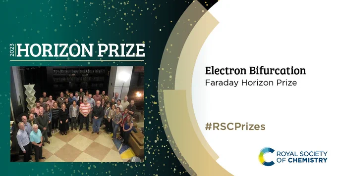 Green and gold graphic with a large group photo under the words "2023 Horizon Prize"