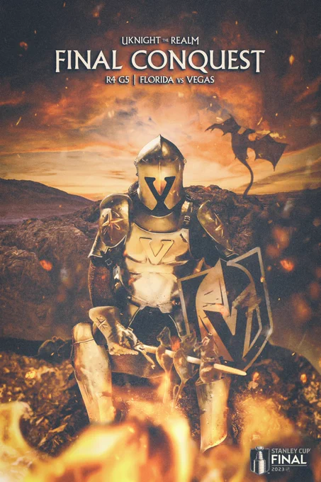 A Golden Knight with a shield roasts rats on his sword with a dragon flying in the background. The graphic reads “UKnight the Realm — FINAL CONQUEST — R4 G5 | Florida vs Vegas”