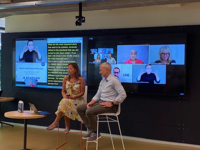IAAP EU's Susanna Laurin on site at Atlassian with Freddie McBride at the IAAP EU accessibility event.