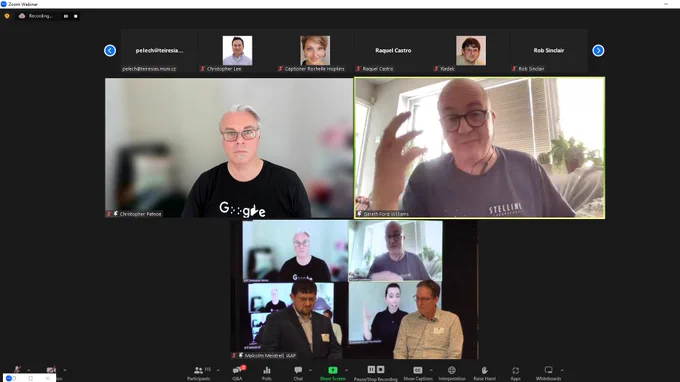 Panelists Christopher Patnoe, Gareth Ford Williams, Radek Pavlicek, and Eric Velleman particpate in the IAAP EU hybrid accessibility event live in Amsterdam and remotely through Zoom.