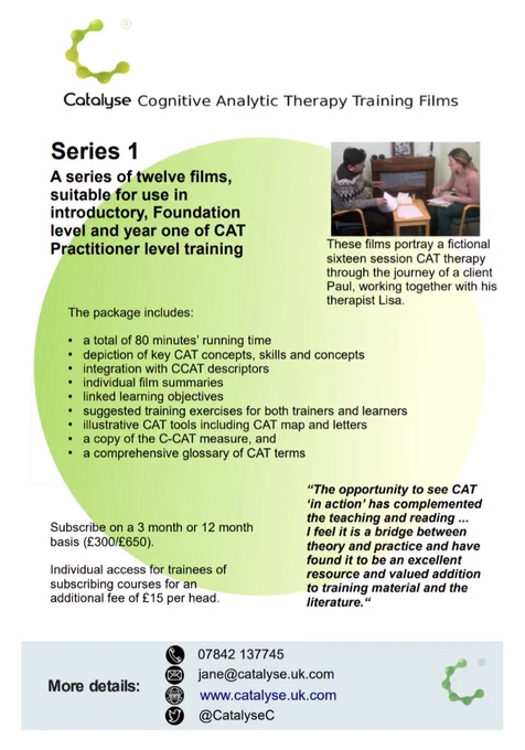 Flier about the first set of Catalyse training films, with five paragraphs of text arranged over a yellow and green disc, and with an image of a male client and female therapist talking across a low table