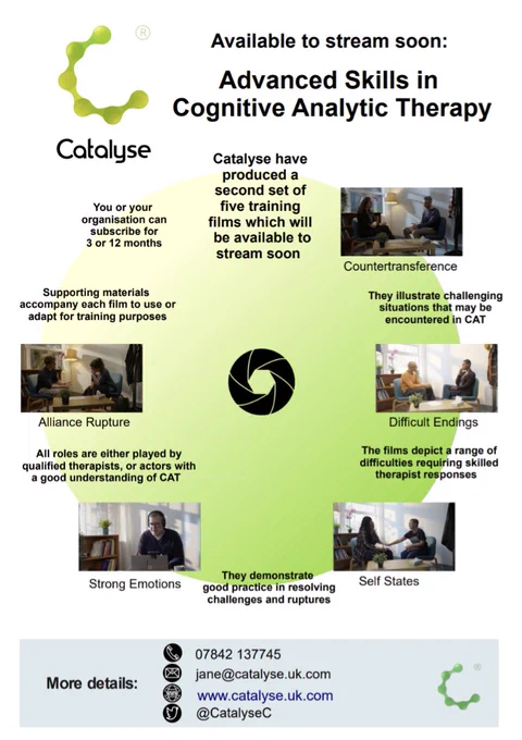 Flier describing the 'Advanced Skills in Cognitive Analytic Therapy' set of training films, soon to be available. Seven short paragraphs arranged around a green and yellow disc, along with stills from each of the five films - on Countertransference, Difficult Endings, Self States, Strong Emotions and Alliance Rupture.