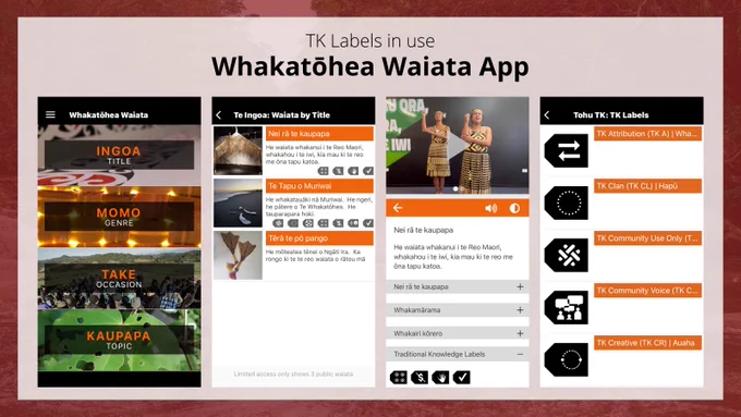 On a decorative red background, text: “Notices in use: Whakatōhea Waiata App.” Below, 4 screenshots from the Waiata app showing the title screen, a list of waiata, a waiata with TK Labels, and the icons of 5 TK Labels in a list.