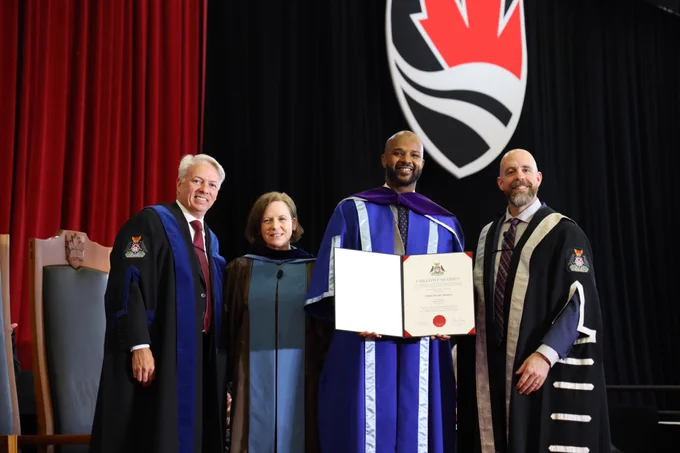 From left to right: Greg Farrell, Board of Governors Chair, Elinor Sloan Clerk of Senate, Honorary Degree Recipient Liban Abokor and Carleton President and Vice-Chancellor Benoit Antoine Bacon.