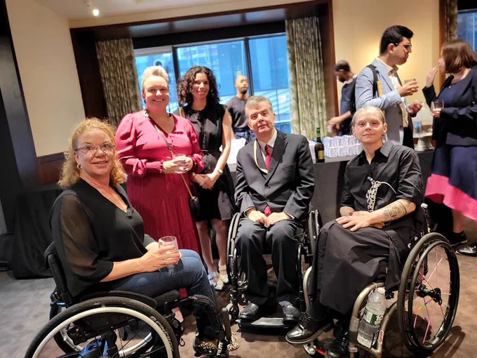 [[L-R] Liz Reid from AFDO, PWDA’s Secretary, Clare Gibellini, Sophia Rinaldis from the Australian Human Rights Commission, Ben Gauntlett, Australia’s Disability Discrimination Commissioner and PWDA’s President, Nicole Lee.]