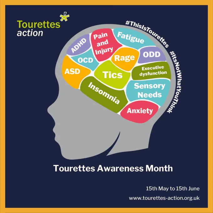 An silhouetted icon of a the side of head and the brain section in different coloured bubbles with words such as fatigue rage, tics, insomnia etc in each bubble. hashtag this is tourettes hashtag it's not what you think and the title tourettes awareness month 15 May to 15 June 