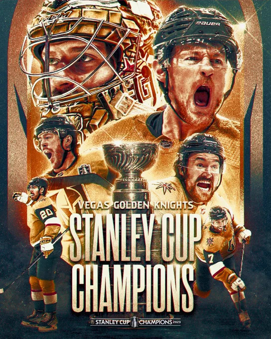 In large gold letters in front of the Stanley Cup "Vegas Golden Knights - Stanley Cup champions" with a Golden Knights 2023 Cup champions logo below it.

Surrounding the font are Adin Hill, Jack Eichel, Jonathan Marchessault, Mark Stone, Chandler Stephenson, and Alex Pietrangelo celebrating on ice in Golden Knights home uniforms. 