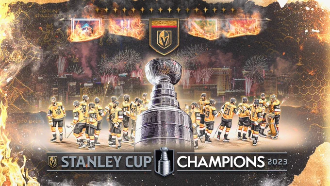 Graphic showing the Stanley Cup surrounded by Vegas Golden Knights players wearing gold uniforms. The Golden Knights banner hangs about the cup and the text at the bottom reads “Stanley Cup Champions 2023”