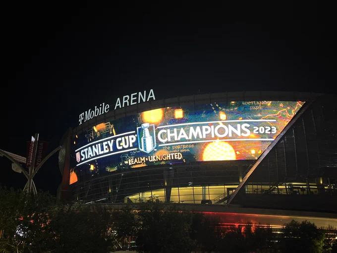 T-Mobile Arena screen reads “Stanley Cup champions”