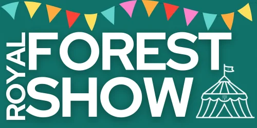 The Royal Forest Show logo. Along the top is a row of bunting. To the bottom right is the outline of a tent with a flag.