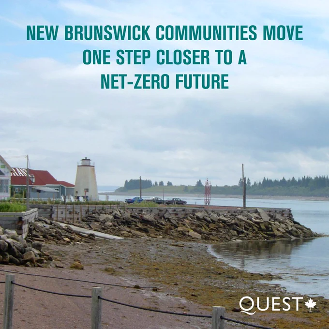 The shoreline in Saint Andrews, New Brunswick, with text that reads, “New Brunswick communities move one step closer to a net-zero future"
