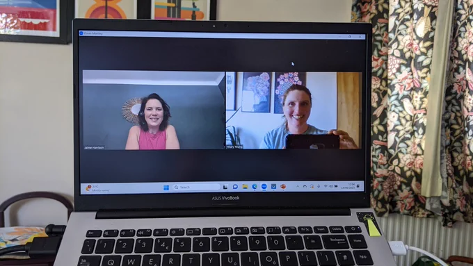 Screenshot of Zoom meeting with two women. 
