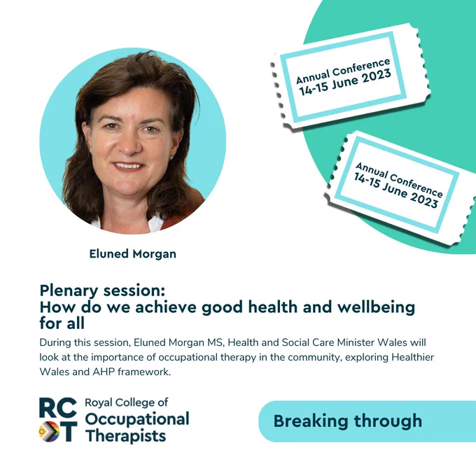 Text reads "Plenary session: 
How do we achieve good health and wellbeing for all. During this session, Eluned Morgan MS, Health and Social Care Minister Wales will look at the importance of occupational therapy in the community, exploring Healthier Wales and AHP framework."

Eluned is shown in a photograph in the top right.