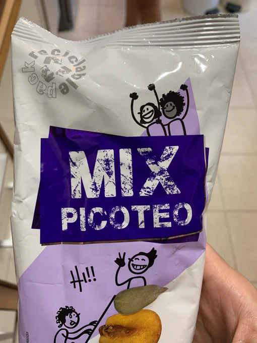 A bag of snacks with CocoMaterial illustrations on the packaging