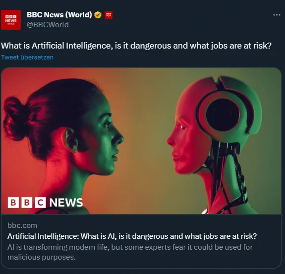 Screenshot of the tweet by the BBC world, the preview picture shows the head of a woman looking straight at the head of a humanoid robot  