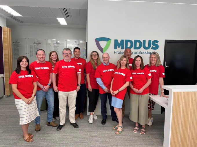 MDDUS team in Give Blood Scotland tshirts