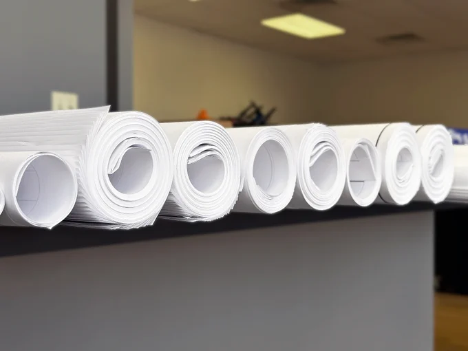 Rolls of blueprints ready for pick-up at our location in Rolling Meadows, IL.