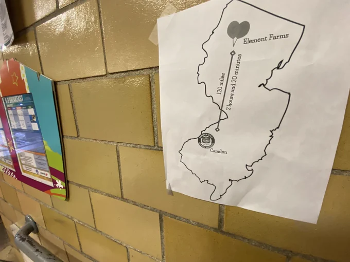 A map of New Jersey hung on a cafeteria walls shows the distance between a New Jersey farm and Camden schools.